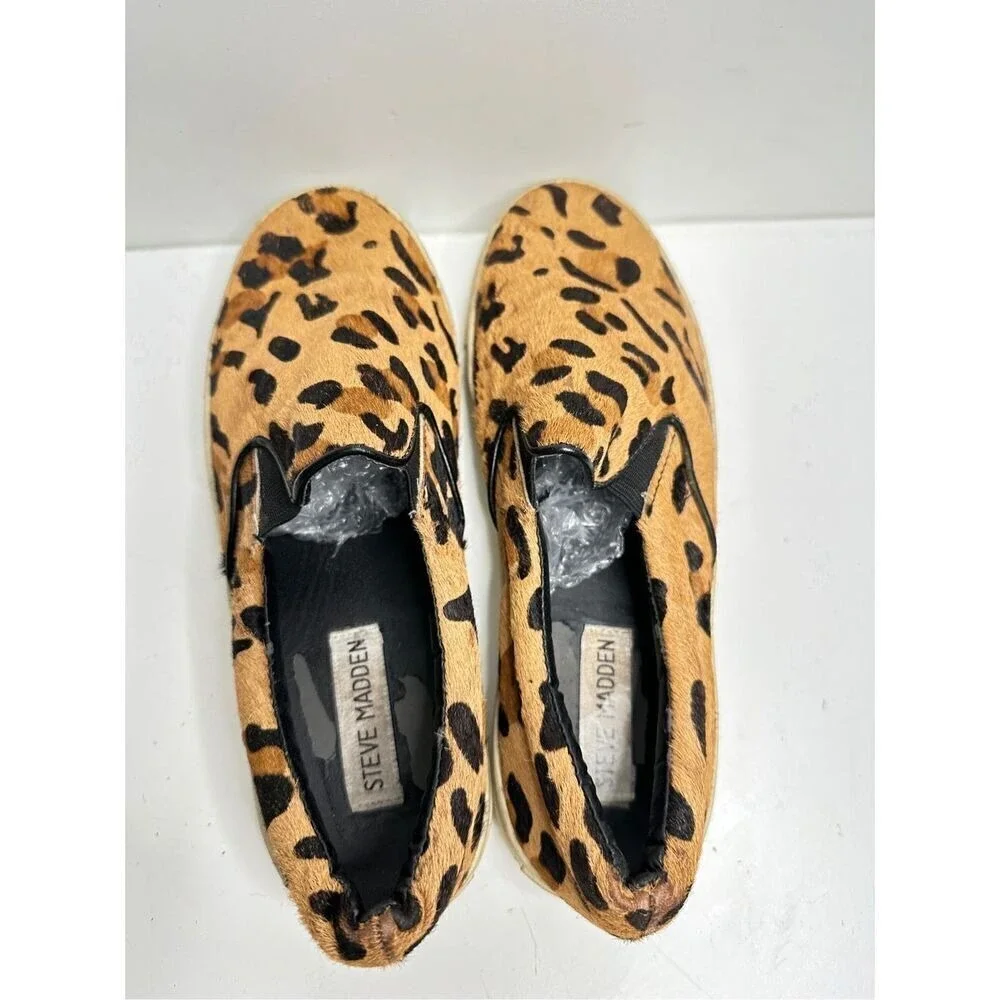 Steve Madden Ecentric Leopard‎ Calf Hair Slip On Sneakers Tan Black Womens 7
